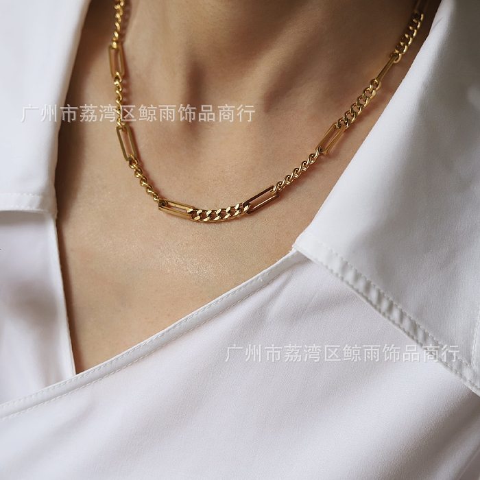 Fashion French Square Chain Splicing Stainless Steel Plated 18K Gold Necklace