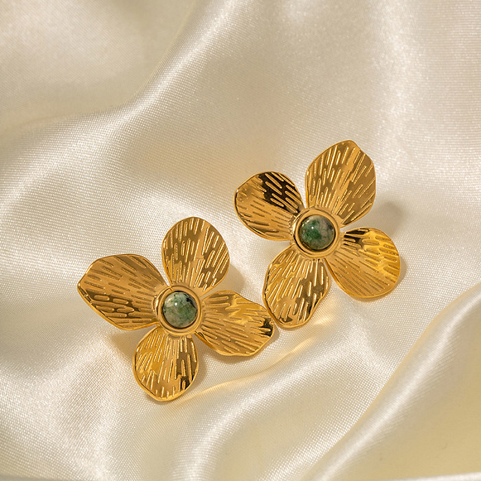 1 Paar elegante Blumen-Ohrstecker mit Edelstahl-Beschichtung, Türkis, 18 Karat vergoldet