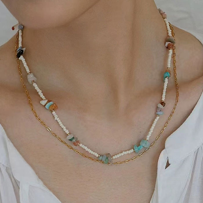 Sweet Solid Color Stainless Steel  Natural Stone Necklace In Bulk