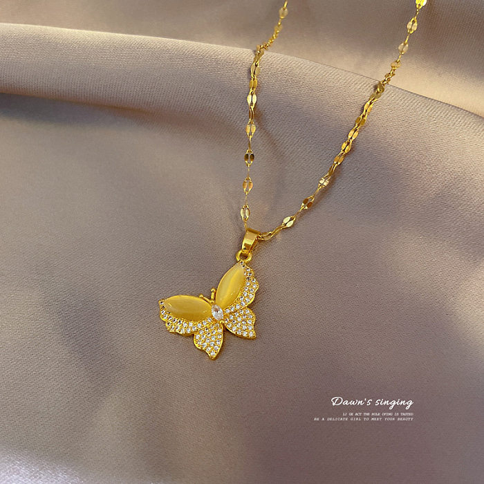 Modische Schmetterlings-Halskette mit Anhänger aus Edelstahl mit Kupferbeschichtung und Inlay-Zirkon-Anhänger