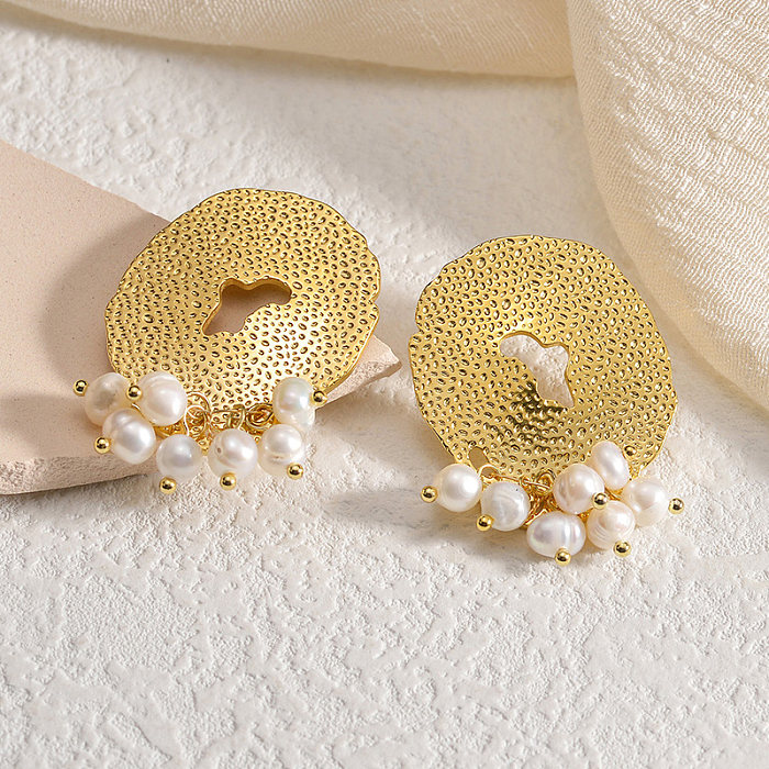 1 par de pendientes elegantes chapados en perlas geométricas de acero inoxidable chapado en oro de 18 quilates