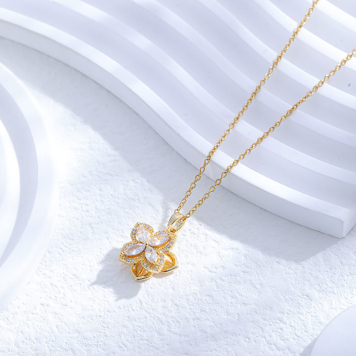 Vintage Style Classic Style Four Leaf Clover Flower Shell Stainless Steel Plating Inlay Pearl Zircon 24K Gold Plated Pendant Necklace