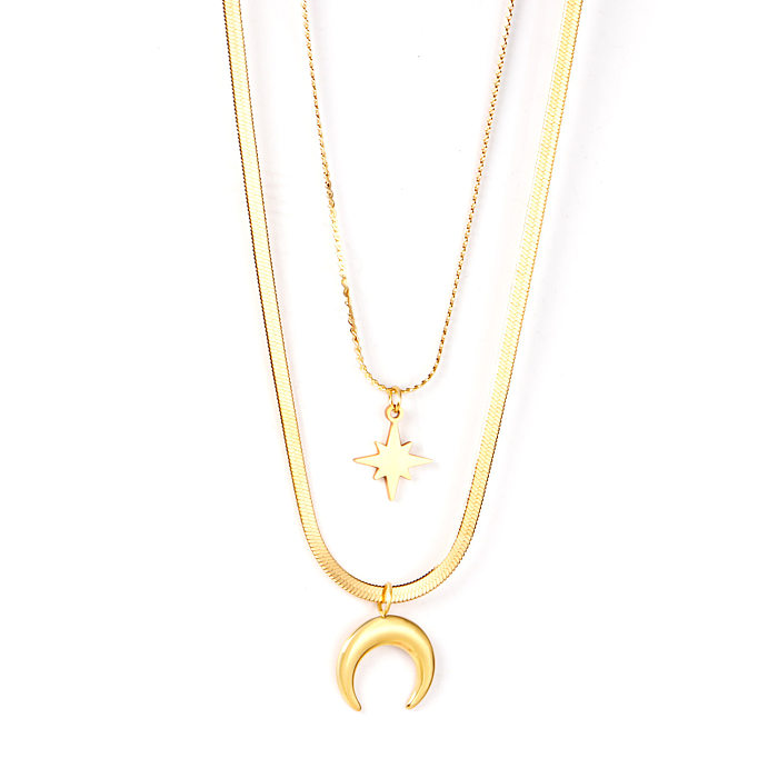 Retro Star Moon Heart Shape Stainless Steel  Rhinestones Layered Necklaces