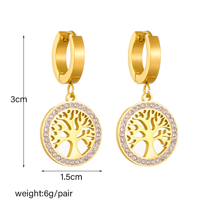 1 Pair Retro Tree Plating Inlay Stainless Steel Zircon 18K Gold Plated Drop Earrings