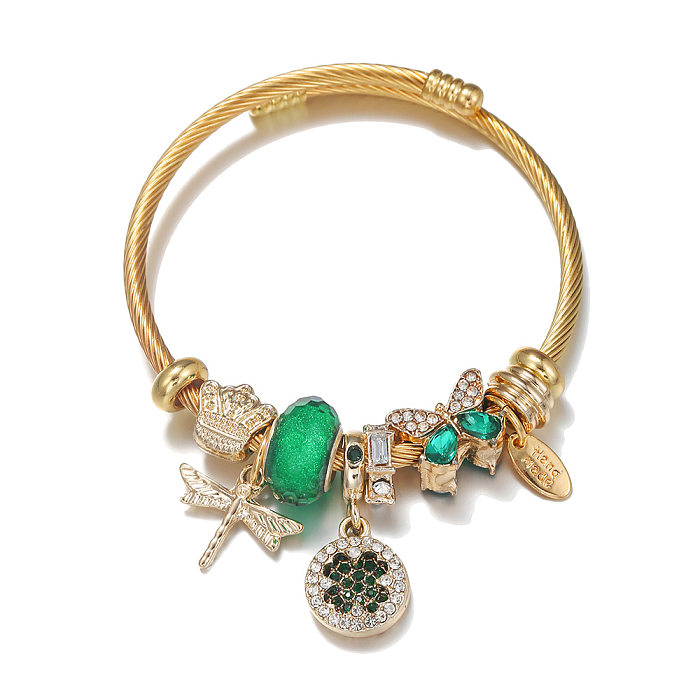 Estilo japonês libélula chapeamento de aço inoxidável pulseira de pedras preciosas artificiais 1 peça