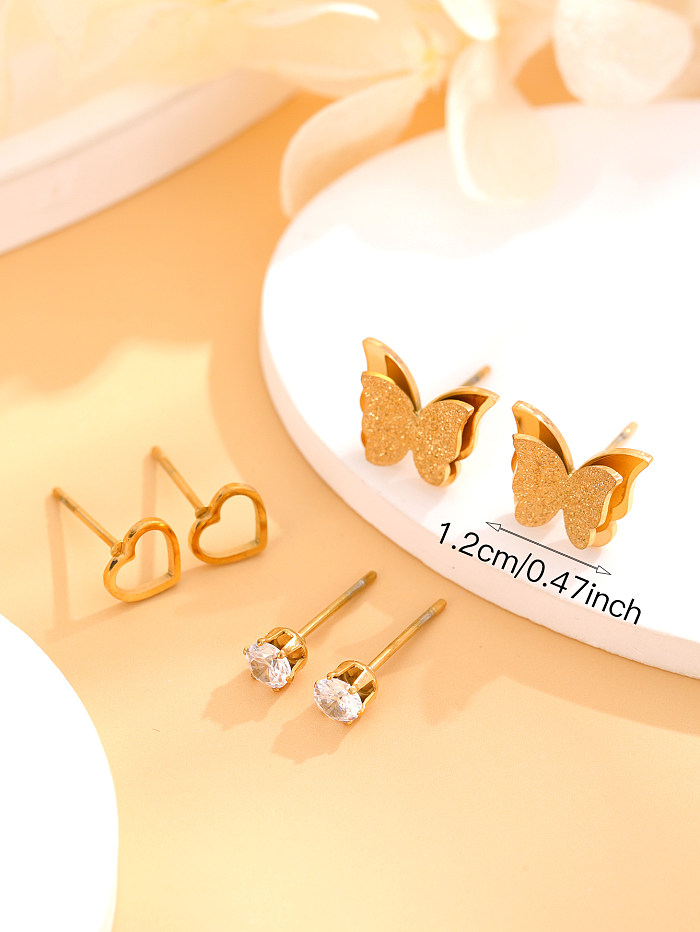 1 conjunto elegante bonito estilo simples forma de coração borboleta chapeamento incrustação strass de aço inoxidável 18k brincos banhados a ouro