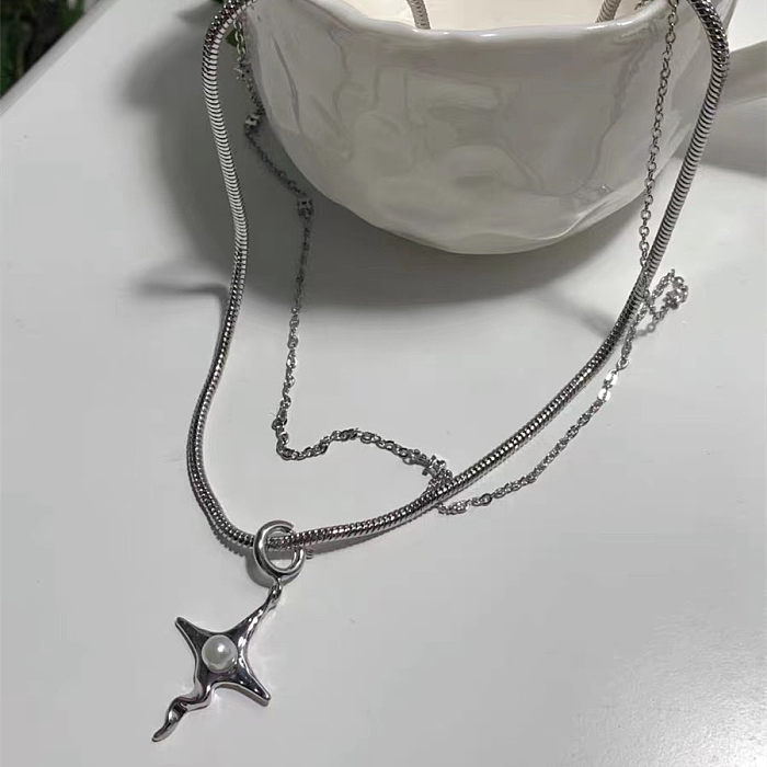 Collier pendentif étoile de mode en acier inoxydable, incrustation de perles, colliers en acier inoxydable