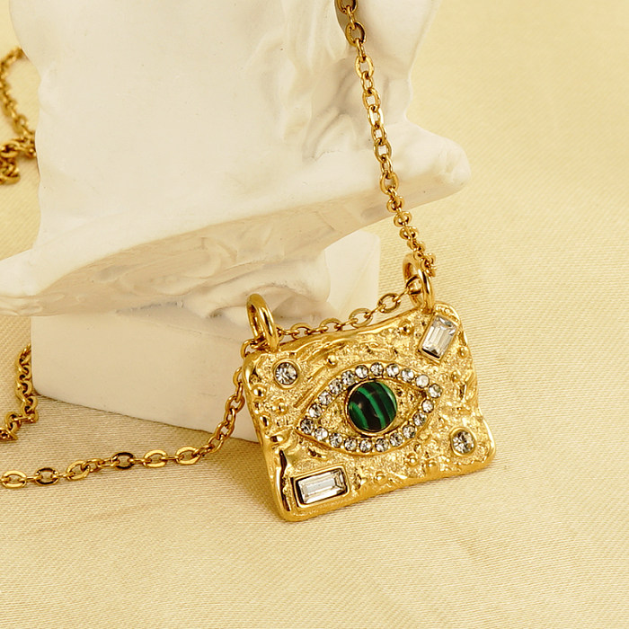 INS Style Casual Devil'S Eye Stainless Steel  Plating Inlay Malachite Rhinestones 18K Gold Plated Pendant Necklace