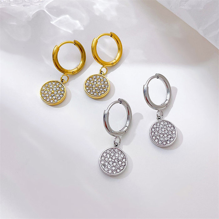 1 paire de boucles d'oreilles pendantes, Style Vintage, Style Simple, incrustation ronde en acier inoxydable, strass, plaqué or blanc