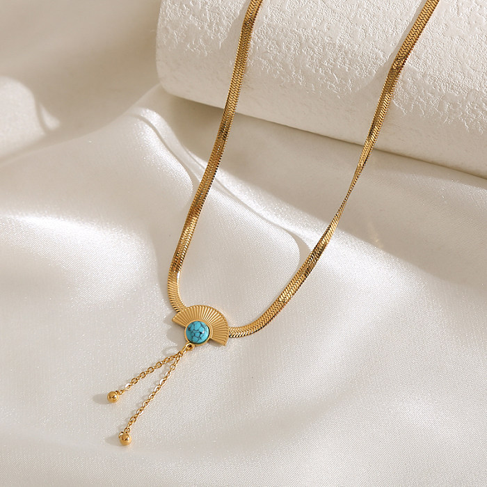 Elegant Luxurious Devil'S Eye Sector Tassel Stainless Steel Plating Inlay Turquoise Gold Plated Pendant Necklace