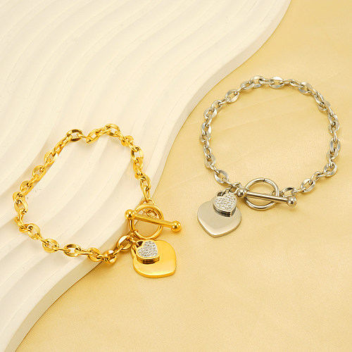 Sweet Heart Shape Stainless Steel Toggle Plating Inlay Artificial Diamond 18K Gold Plated Bracelets