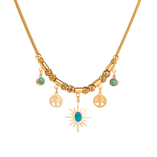 Hip-Hop Star Tree Stainless Steel Gold Plated Turquoise Rhinestones Pendant Necklace 1 Piece