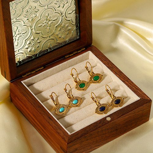 1 paire de boucles d'oreilles pendantes élégantes, rétro, placage géométrique, incrustation en acier inoxydable, pierre naturelle, plaqué or 18 carats