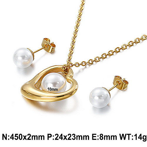 Shell Pearl Hollow Heart Stainless Steel  Necklace Earrings Wholesale jewelry
