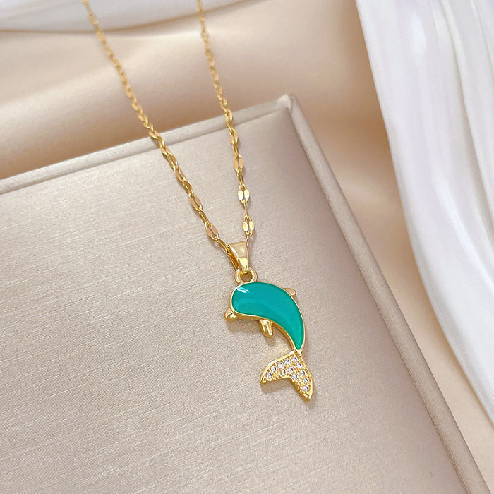 Cute Dolphin Stainless Steel  Copper Enamel Plating Inlay Rhinestones Pendant Necklace