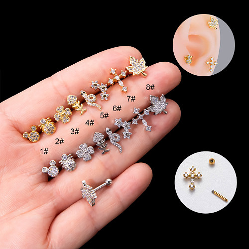 1 Piece Sweet Simple Style Cross Snake Spider Plating Inlay Stainless Steel  Zircon 18K Gold Plated Cartilage Earrings