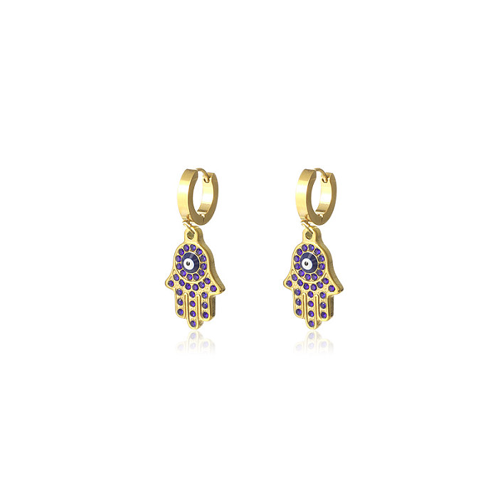 1 Pair Elegant Simple Style Devil'S Eye Palm Plating Inlay Stainless Steel  Artificial Gemstones 18K Gold Plated Drop Earrings