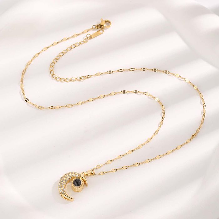 Vintage Style Luxurious Roman Style Moon Rectangle Stainless Steel Plating Inlay Resin Zircon Gold Plated Pendant Necklace