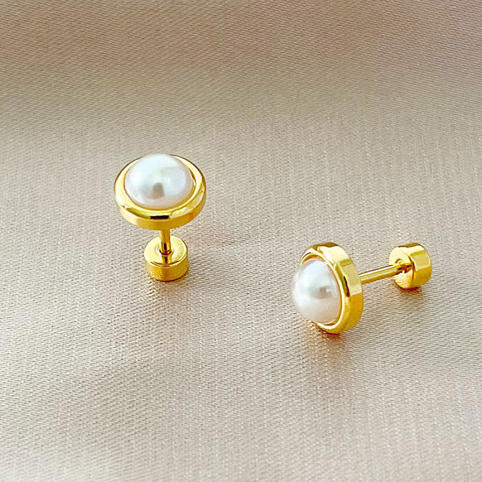 Simple Style Round Stainless Steel  Plating Inlay Pearl Ear Studs 1 Pair