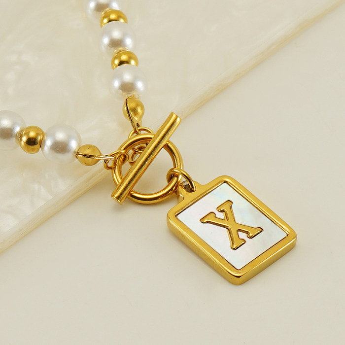 Elegante estilo francês carta aço inoxidável pérola chapeamento inlay shell 18K banhado a ouro pingente colar