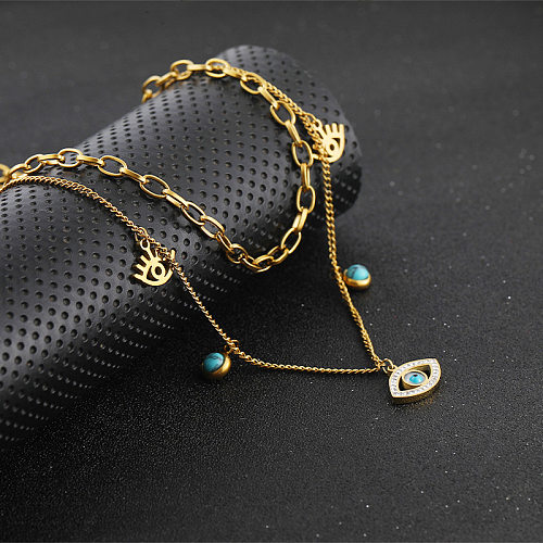 IG Style Devil'S Eye Stainless Steel Plating Hollow Out Inlay Turquoise Zircon Layered Necklaces