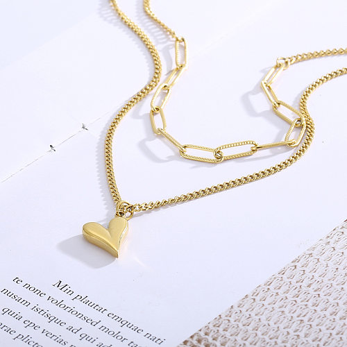 Fashion Stainless Steel  Square Chain Double Layer Necklace Love Pendant Necklace