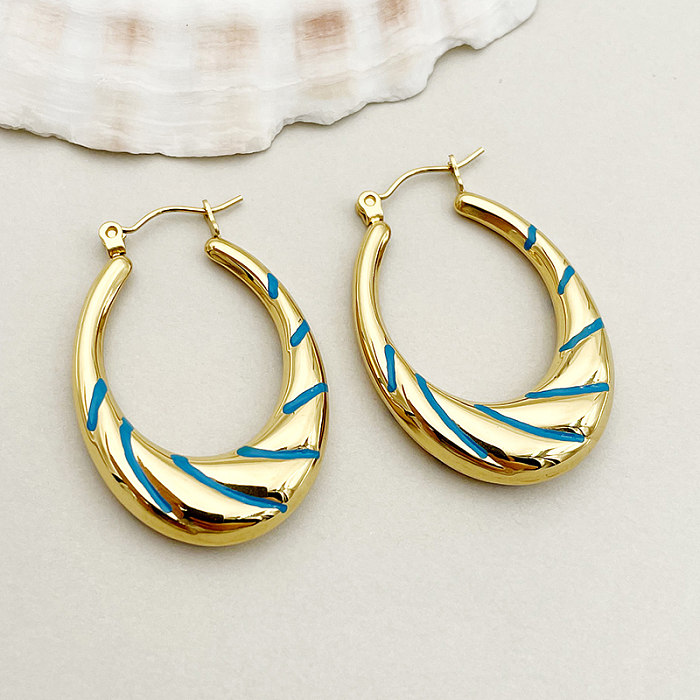 1 Pair Elegant Lady Roman Style Stripe Enamel Plating Stainless Steel  Gold Plated Hoop Earrings