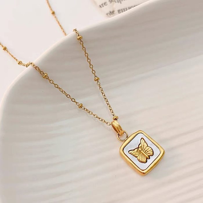 Retro Square Butterfly Stainless Steel Pendant Necklace