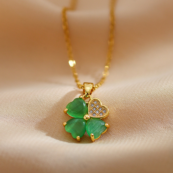 Sweet Pastoral Four Leaf Clover Bow Knot Stainless Steel Copper Inlay Opal Zircon Pendant Necklace