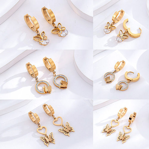1 Paar klassische runde Herzform-Schmetterlings-Ohrringe mit Edelstahlbeschichtung und Inlay aus 24 Karat vergoldeten Strasssteinen