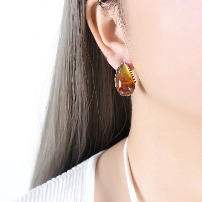 1 Pair French Style Romantic Water Droplets Plating Inlay Stainless Steel Resin 18K Gold Plated Ear Studs
