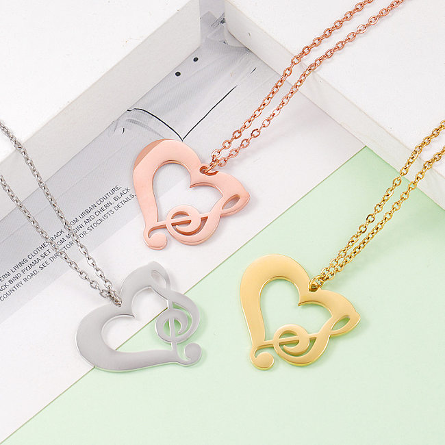 Simple Style Heart Shape Notes Stainless Steel Plating Hollow Out 18K Gold Plated Rose Gold Plated Pendant Necklace