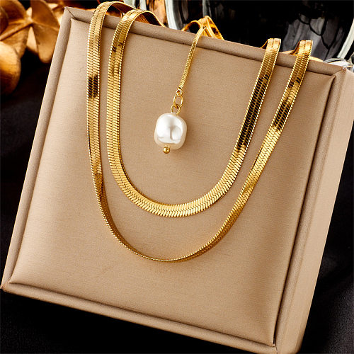 Elegante, mehrschichtige Halsketten mit geometrischem Edelstahl-Inlay und künstlichen Perlen, 18 Karat vergoldet