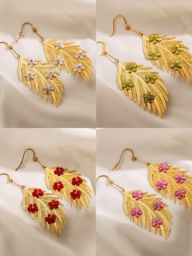 1 Stück übertriebene Blätter-Blumen-Beschichtungs-Inlay aus Edelstahl, Acryl-Strasssteine, vergoldete Ohrhänger