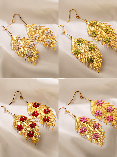 1 Stück übertriebene Blätter-Blumen-Beschichtungs-Inlay aus Edelstahl, Acryl-Strasssteine, vergoldete Ohrhänger