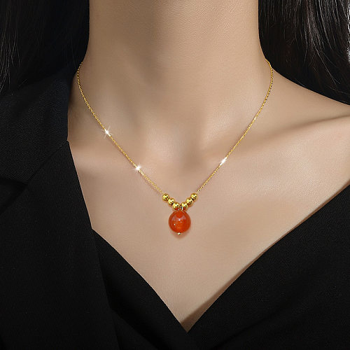 Casual Simple Style Round Stainless Steel Beaded Plating Pendant Necklace