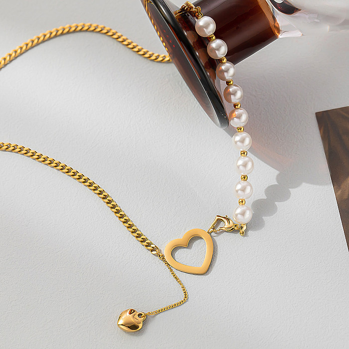 Colar com pingente banhado a ouro 18K com imitação de pérola em formato de coração elegante