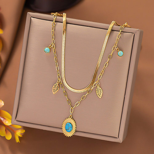 Elegant Streetwear Leaf Stainless Steel Plating Inlay Turquoise Layered Necklaces
