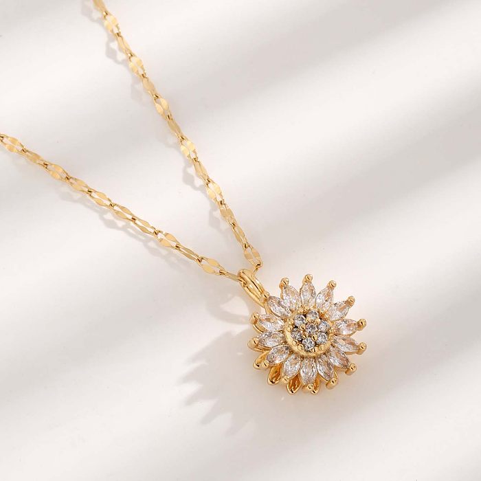 Glam Luxurious Simple Style Flower Stainless Steel Plating Inlay Zircon Gold Plated Pendant Necklace