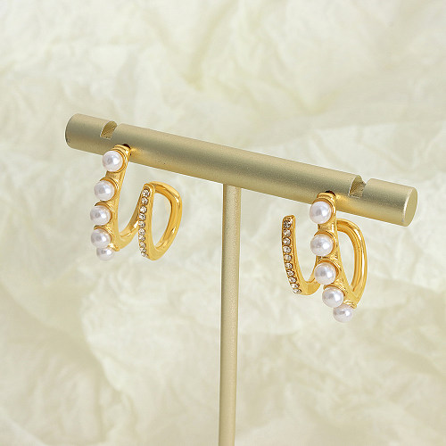 1 Paar elegante Ohrringe im Barock-Stil mit geometrischer Beschichtung, Inlay aus Edelstahl, künstlichen Perlen, Zirkon, 18 Karat vergoldet
