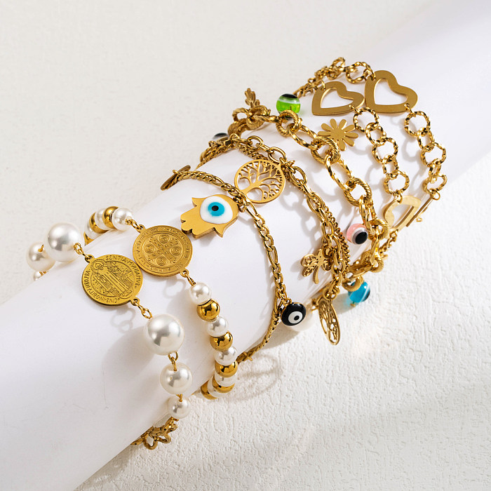 Bracelets plaqués or en acier inoxydable, Style moderne, œil du diable, en forme de cœur, Imitation de perles, vente en gros