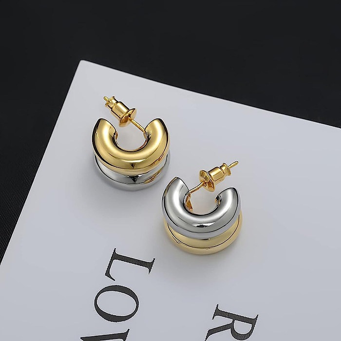 Two-Tone Hoop Earrings For Women 18K Gold Plating, Hypoallergenic Fashion Two-Tone C- Shaped Hoop Women's Classic Temperament Earrings
