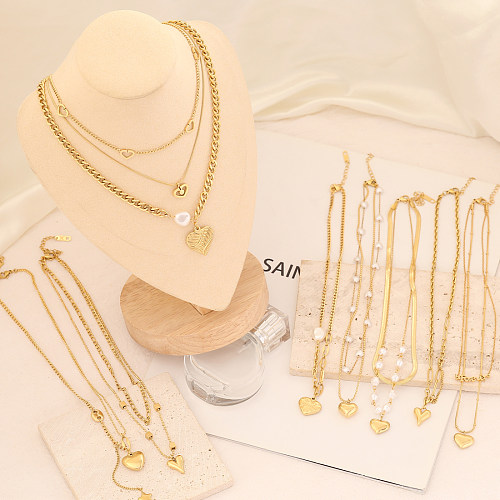 Fashion Heart Shape Stainless Steel  Layered Necklaces Gold Plated Pearl Stainless Steel  Necklaces 1 Piece