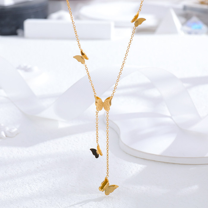 Wholesale Vintage Style Tassel Heart Shape Butterfly Stainless Steel 24K Gold Plated Rhinestones Necklace