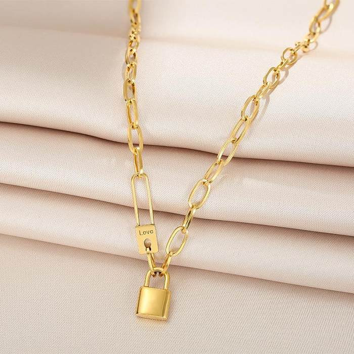 Korean Style Letter Lock Stainless Steel Plating 18K Gold Plated Necklace