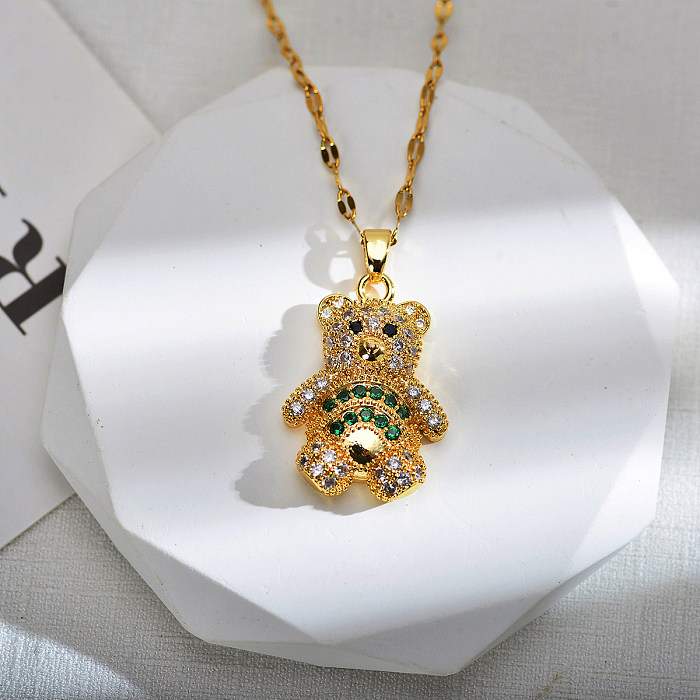 Cute Animal Bear Stainless Steel Copper Plating Inlay Zircon 18K Gold Plated Pendant Necklace