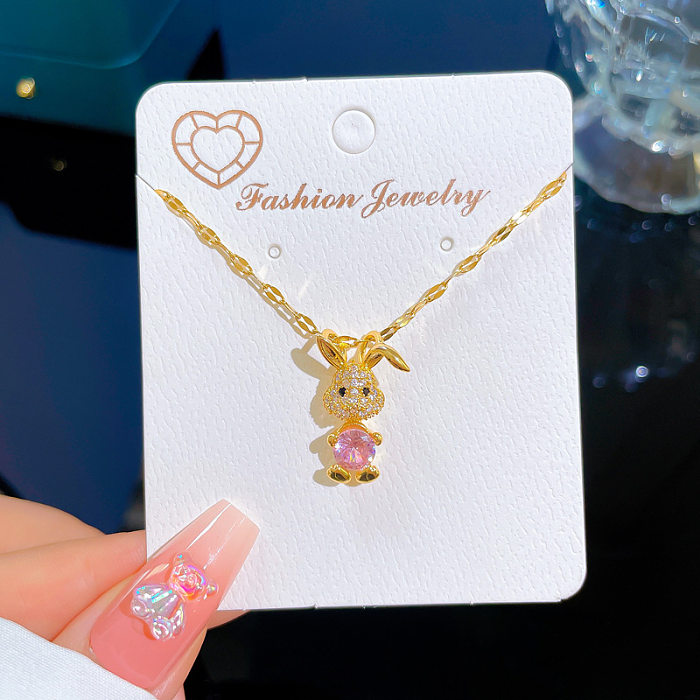 Fashion Rabbit Stainless Steel Copper Inlay Artificial Diamond Pendant Necklace
