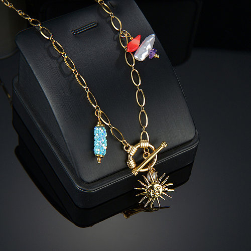 Fashion Sun Stainless Steel  Patchwork Gold Plated Artificial Pearls Pendant Necklace 1 Piece