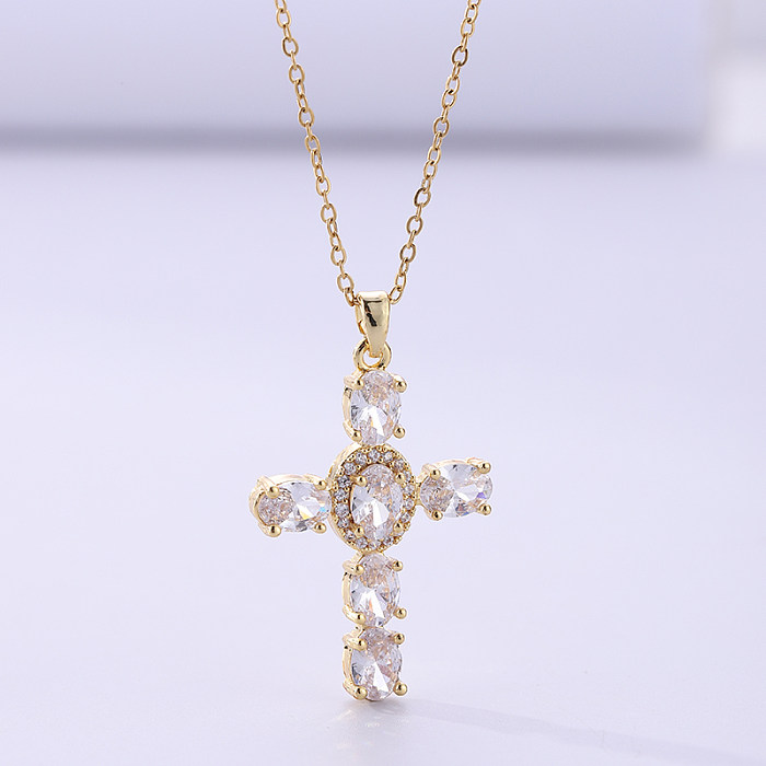 Streetwear Cross Stainless Steel  Copper Plating Inlay Zircon 18K Gold Plated Pendant Necklace