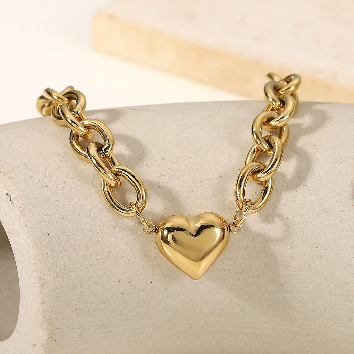 Fashion 14K Gold Thick O-Shaped Chain Heart Stainless Steel Bracelet
